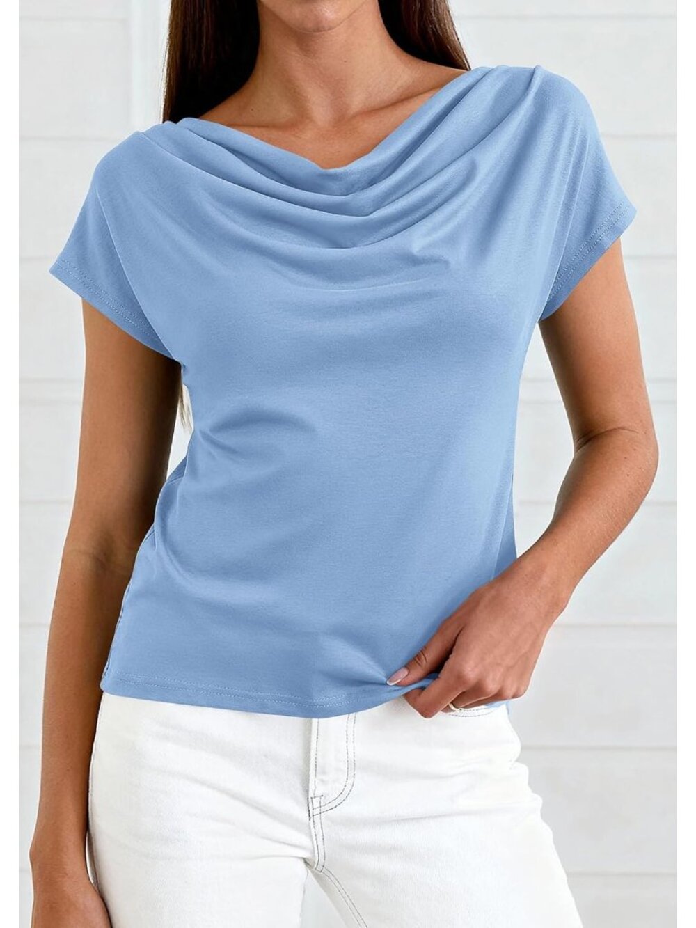 Women's Blouses Dressy Light Blue Casual Summer Cowl Neck Short Sleeves Tops - Picture 2 of 6